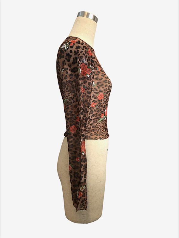 Leopard And Rose Floral Print Mesh Slim Fit Long Sleeve Crop Top For Women 2026
