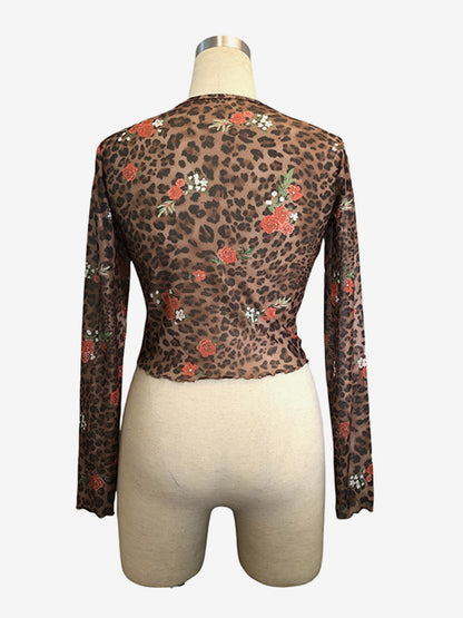 Leopard And Rose Floral Print Mesh Slim Fit Long Sleeve Crop Top For Women 2026