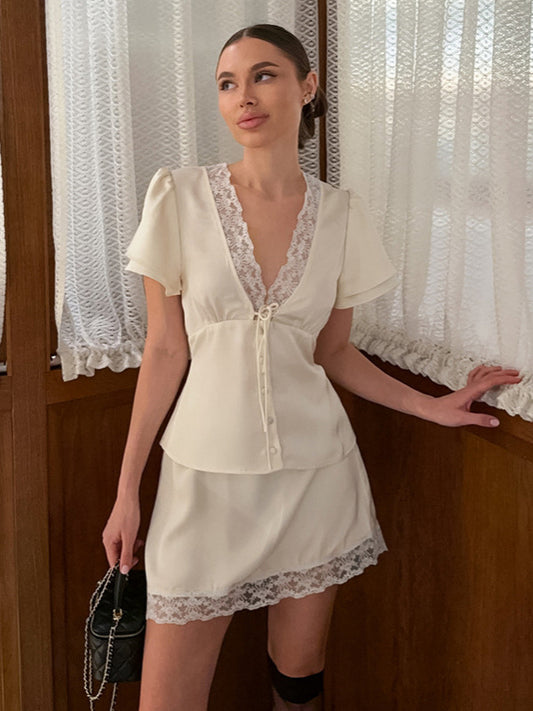 Satin Lace Trim V-Neck Tie Front Top And Mini Skirt 2-piece Set For Women 2026