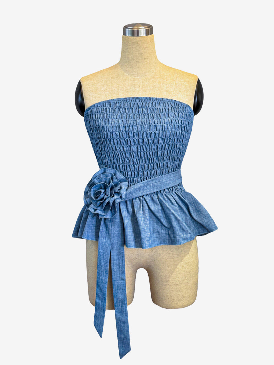 Strapless Smocked Peplum Top With 3D Flower Belt For Women 2026