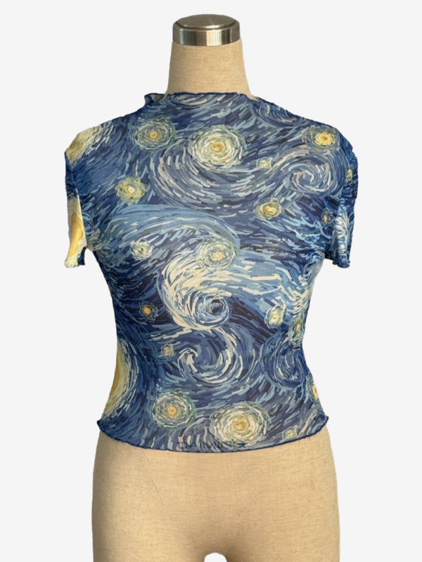 Starry Night Oil Painting Print Mock Neck Mesh Short Sleeve Top For Women 2026