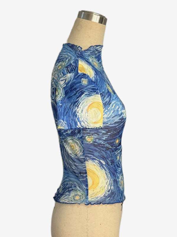 Starry Night Oil Painting Print Mock Neck Mesh Short Sleeve Top For Women 2026