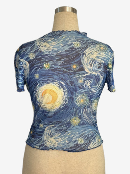 Starry Night Oil Painting Print Mock Neck Mesh Short Sleeve Top For Women 2026