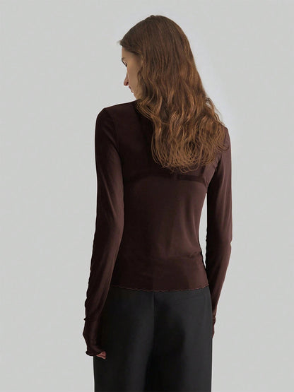 High Neck Long Sleeve Mesh Base Layer Top With Lettuce Edge For Women 2026