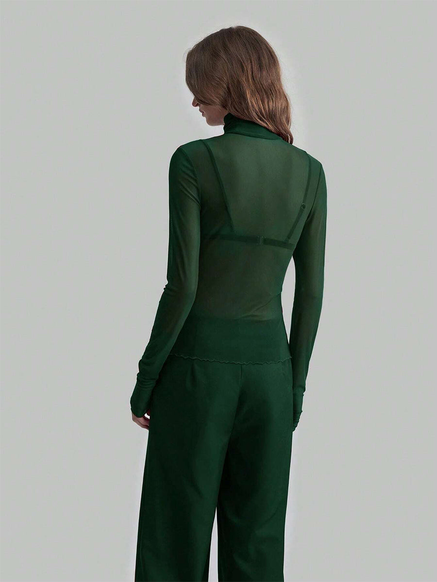 High Neck Long Sleeve Mesh Base Layer Top With Lettuce Edge For Women 2026