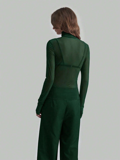 High Neck Long Sleeve Mesh Base Layer Top With Lettuce Edge For Women 2026