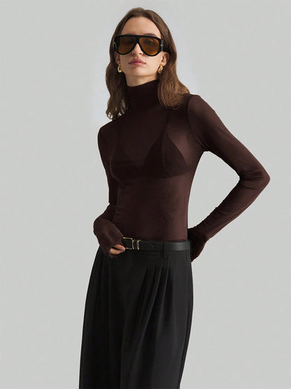 High Neck Long Sleeve Mesh Base Layer Top With Lettuce Edge For Women 2026