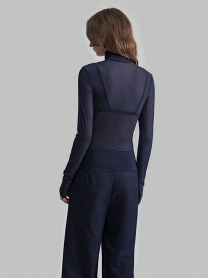 High Neck Long Sleeve Mesh Base Layer Top With Lettuce Edge For Women 2026