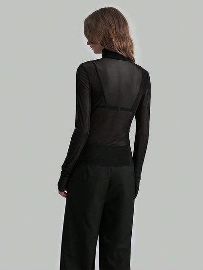 High Neck Long Sleeve Mesh Base Layer Top With Lettuce Edge For Women 2026