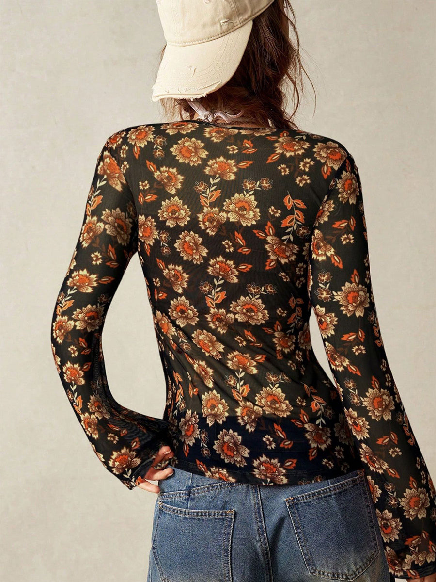 Floral Print Ruched Button Up Long Sleeve Slim Fit Shirt For Women 2026