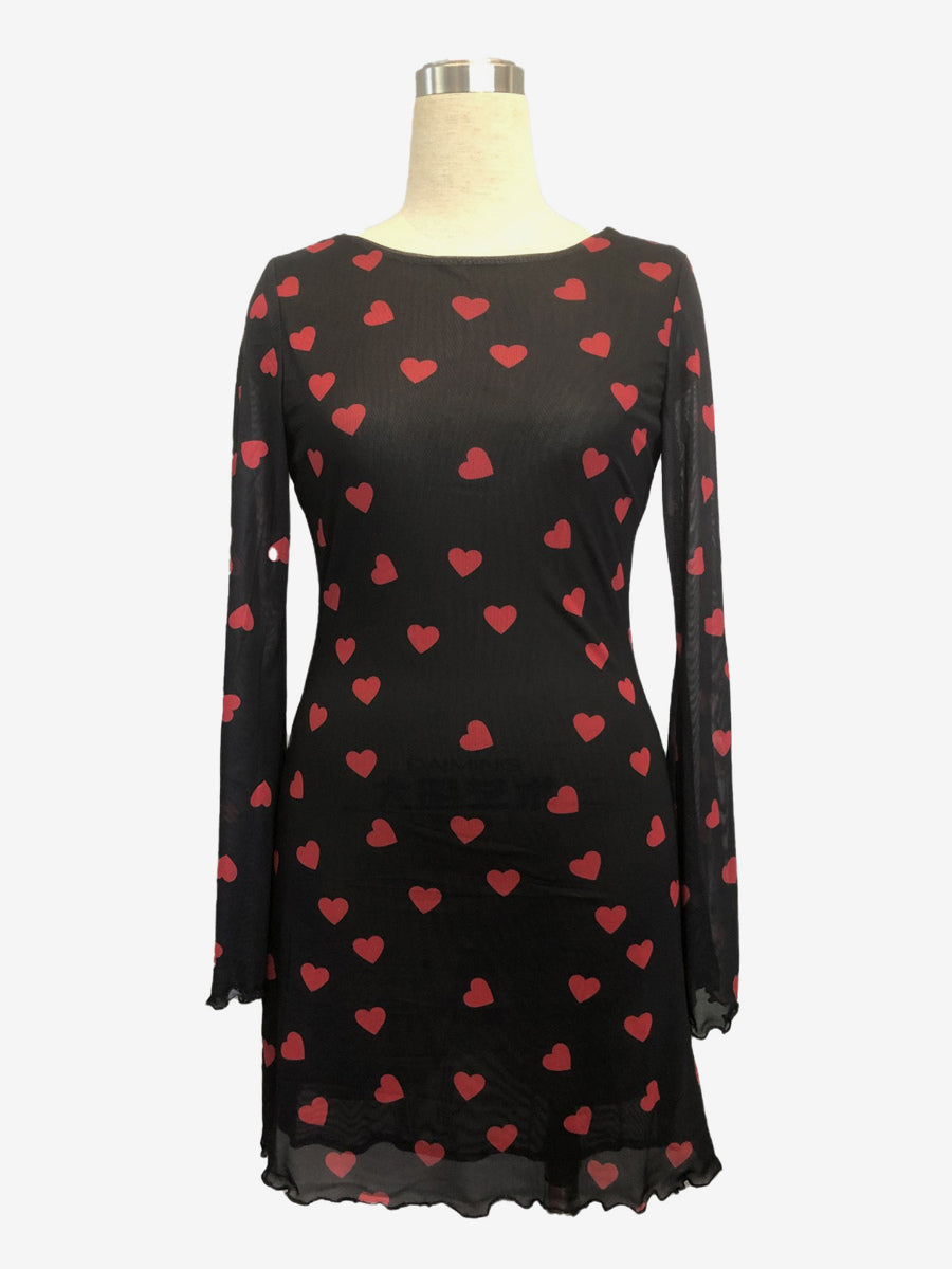 Backless Heart Print Long Sleeve Mini Dress For Women 2026