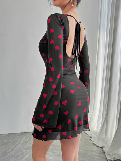 Backless Heart Print Long Sleeve Mini Dress For Women 2026