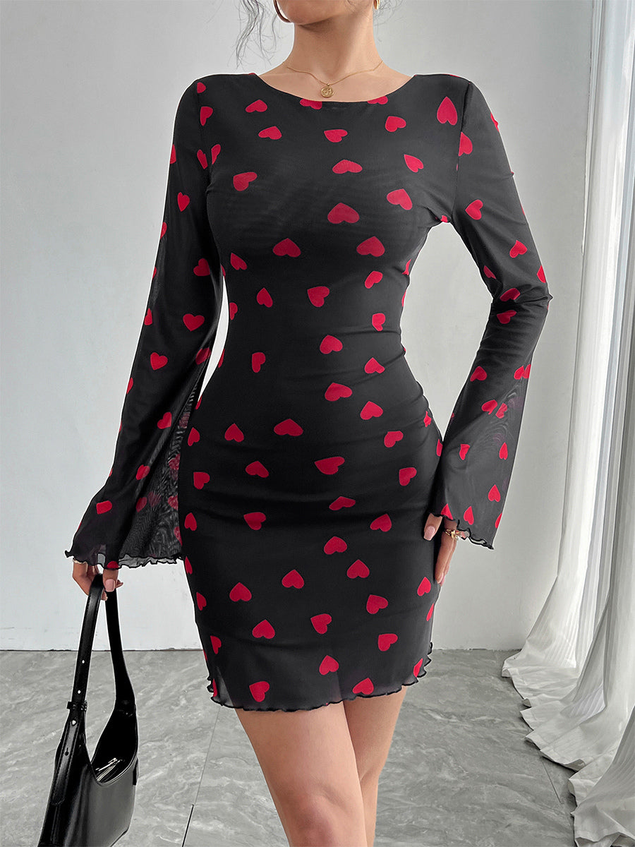 Backless Heart Print Long Sleeve Mini Dress For Women 2026
