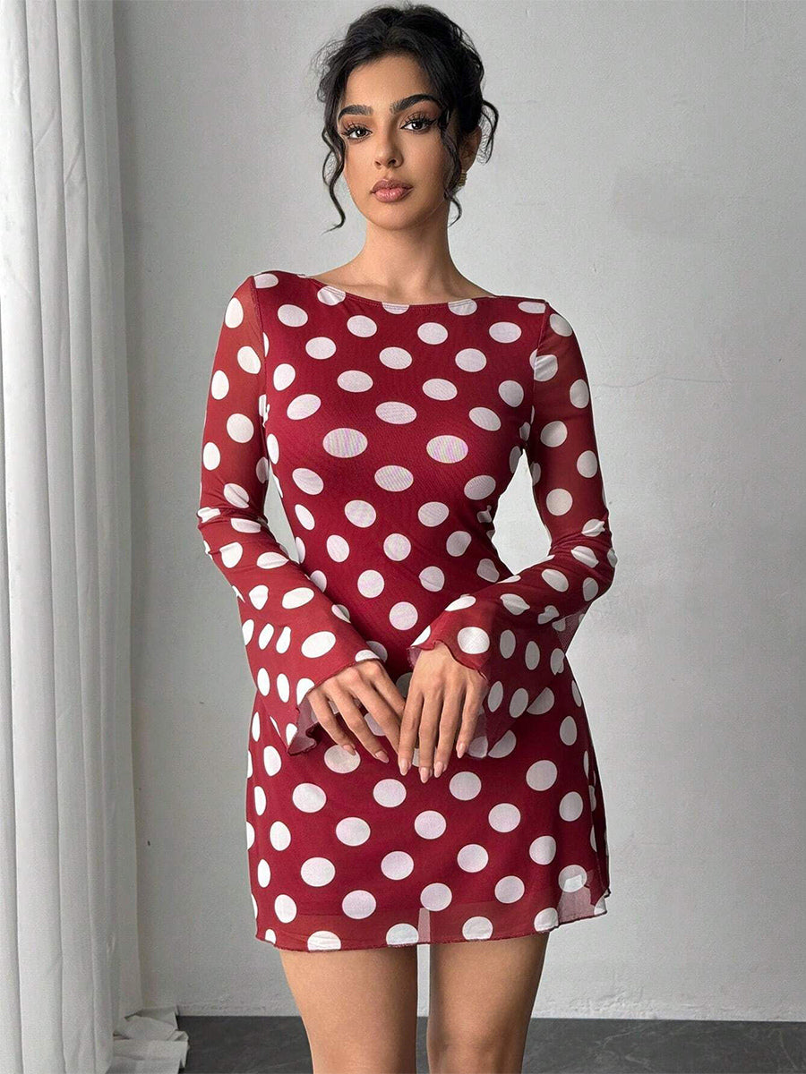 Polka Dot Long Sleeve Backless Slim Fit Mini Dress For Women 2026