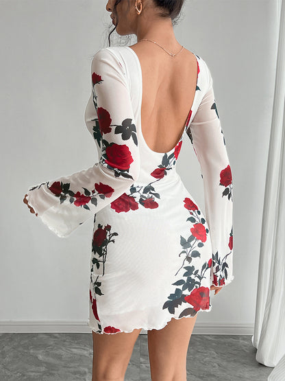 Backless Rose Print Mesh Flare Sleeve Bodycon Mini Dress For Women 2026