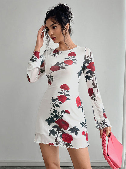Backless Rose Print Mesh Flare Sleeve Bodycon Mini Dress For Women 2026