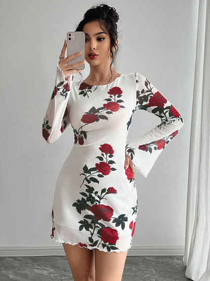 Backless Rose Print Mesh Flare Sleeve Bodycon Mini Dress For Women 2026