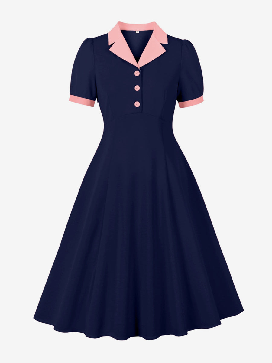 Retro Contrast Lapel Button Up Fit And Flare Midi Dress For Women 2026