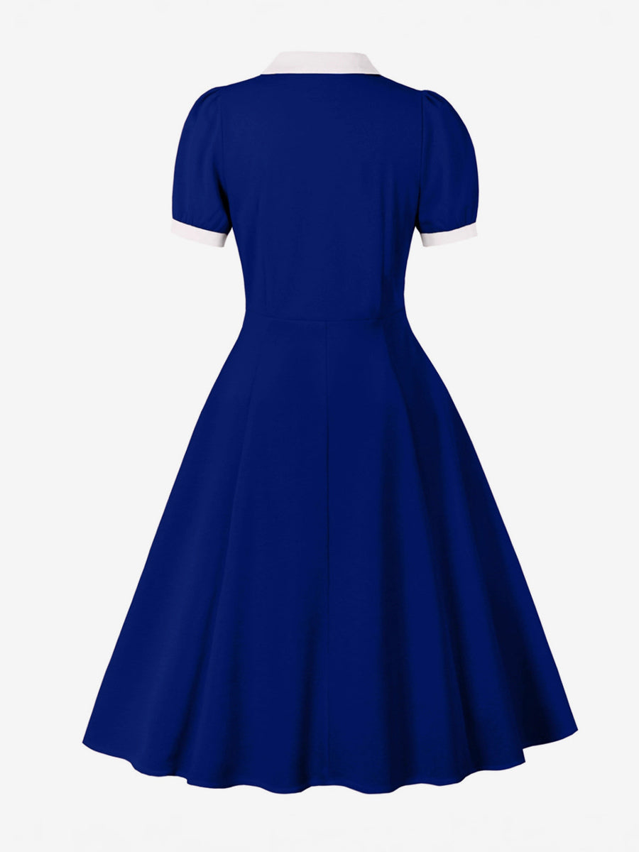 Retro Contrast Lapel Button Up Fit And Flare Midi Dress For Women 2026