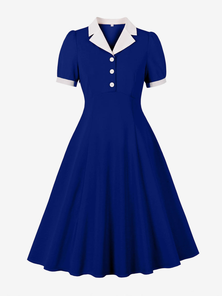 Retro Contrast Lapel Button Up Fit And Flare Midi Dress For Women 2026