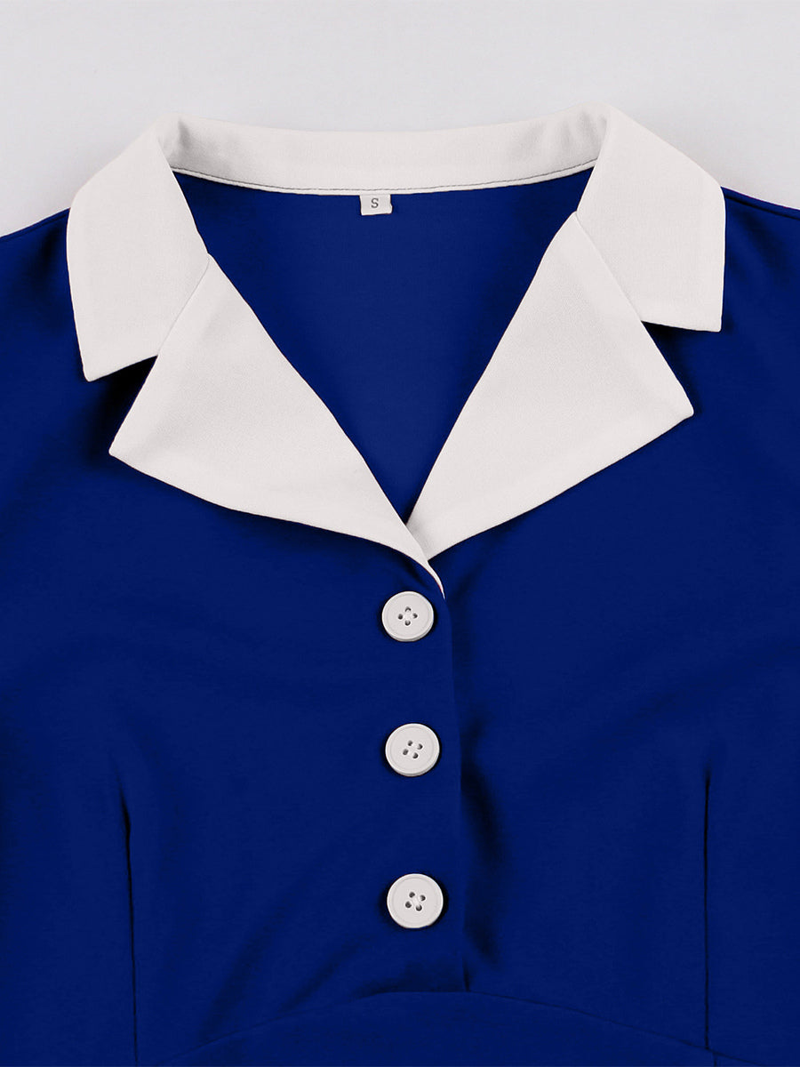 Retro Contrast Lapel Button Up Fit And Flare Midi Dress For Women 2026