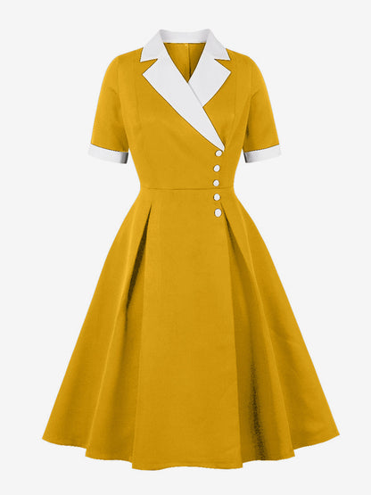 Retro Lapel Side Button Slim Fit Flare A Line Elegant Midi Dress For Women 2026