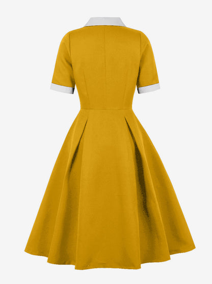 Retro Lapel Side Button Slim Fit Flare A Line Elegant Midi Dress For Women 2026