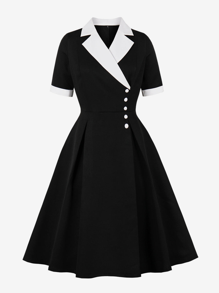 Retro Lapel Side Button Slim Fit Flare A Line Elegant Midi Dress For Women 2026