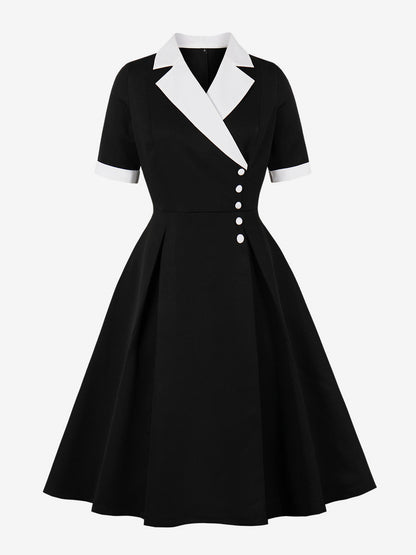 Retro Lapel Side Button Slim Fit Flare A Line Elegant Midi Dress For Women 2026