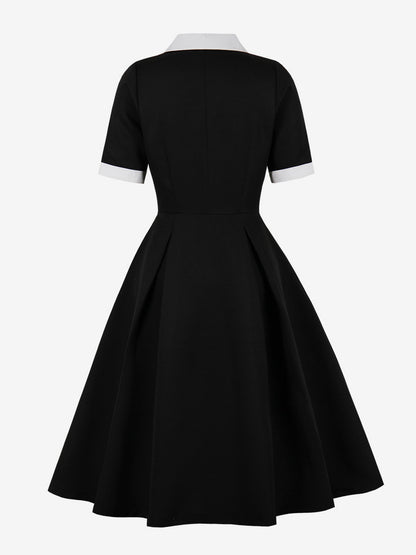 Retro Lapel Side Button Slim Fit Flare A Line Elegant Midi Dress For Women 2026