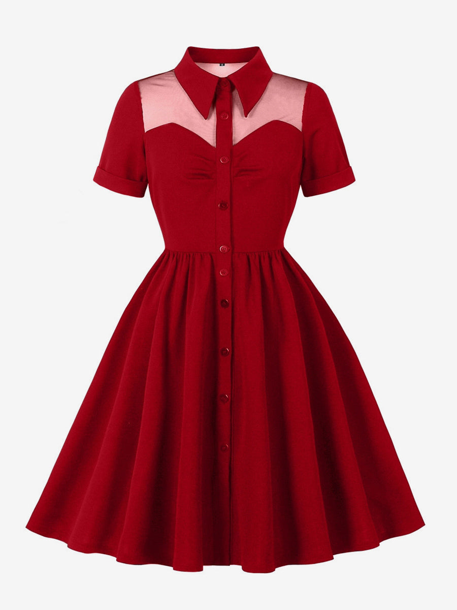 Mesh Patchwork Sweetheart Neck Single Breasted Pinup Rockabilly Dress For Women 2026