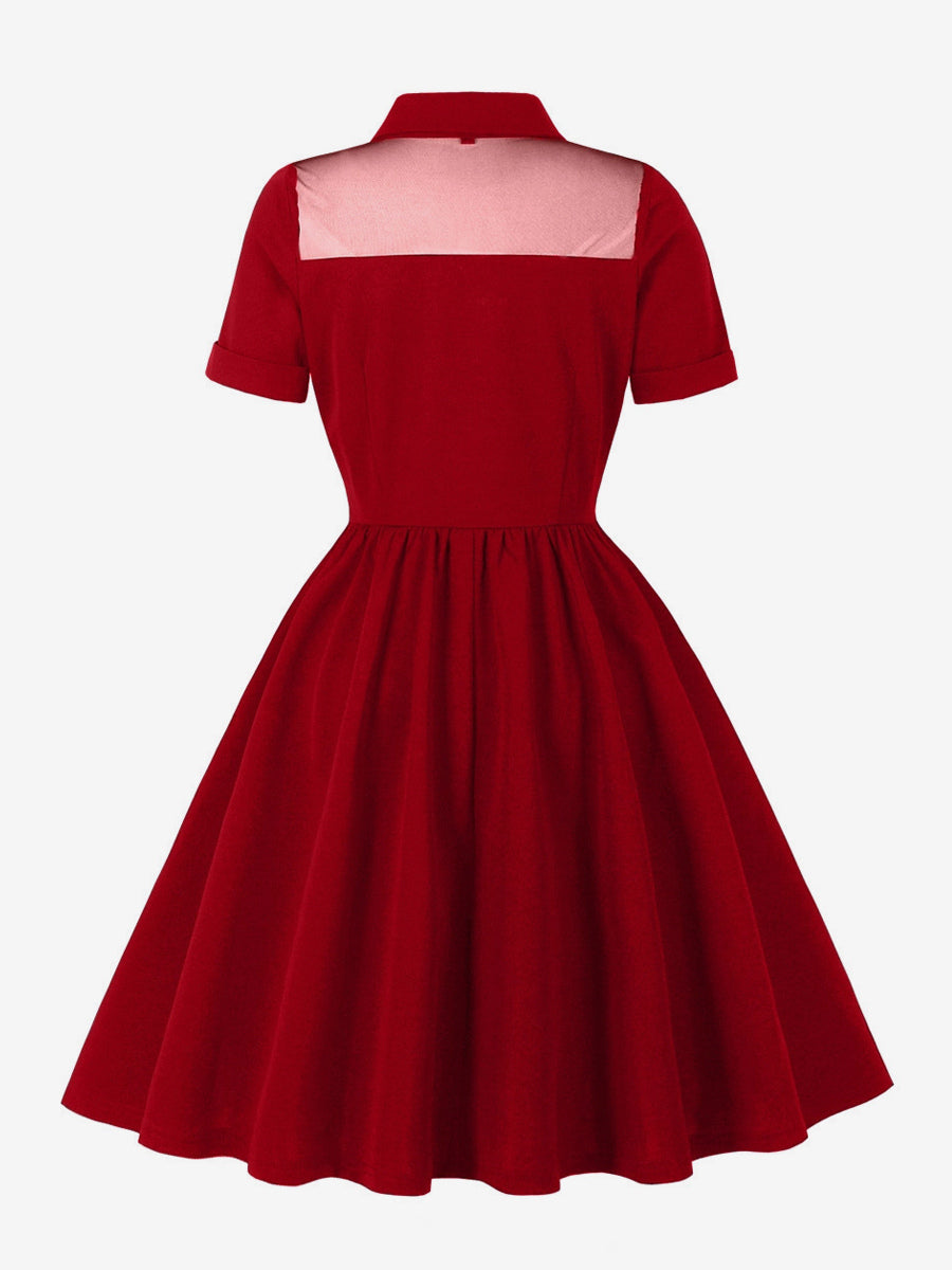 Mesh Patchwork Sweetheart Neck Single Breasted Pinup Rockabilly Dress For Women 2026