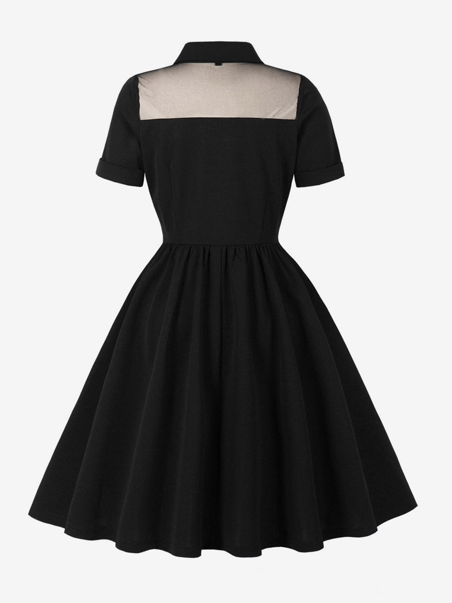 Mesh Patchwork Sweetheart Neck Single Breasted Pinup Rockabilly Dress For Women 2026