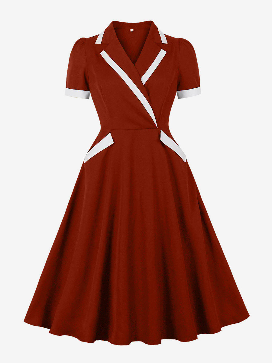 Contrast Trim Lapel Collar Double Pocket A Line Retro Tea Dress For Women 2026