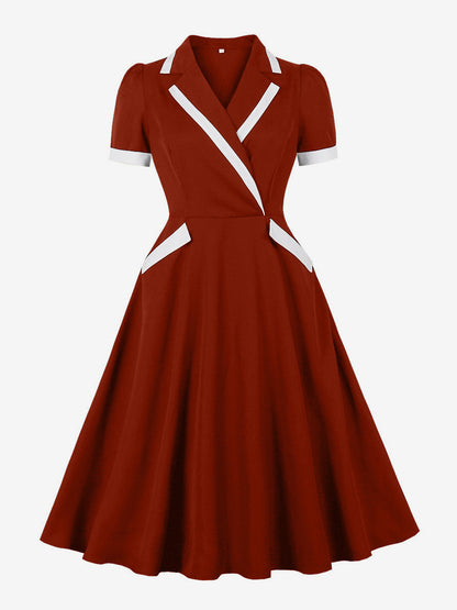 Contrast Trim Lapel Collar Double Pocket A Line Retro Tea Dress For Women 2026