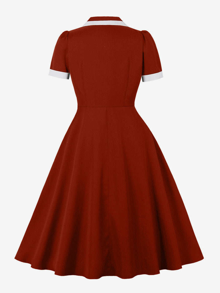 Contrast Trim Lapel Collar Double Pocket A Line Retro Tea Dress For Women 2026