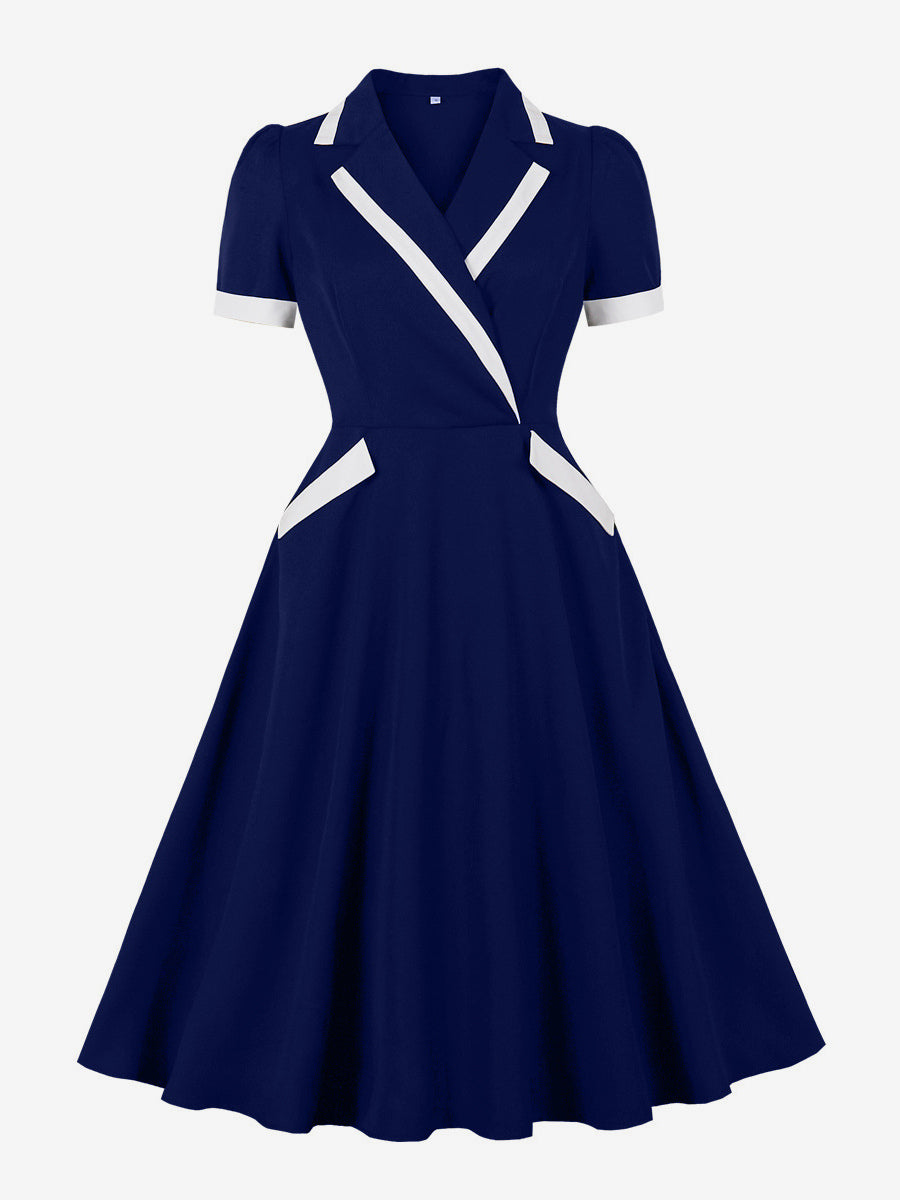 Contrast Trim Lapel Collar Double Pocket A Line Retro Tea Dress For Women 2026