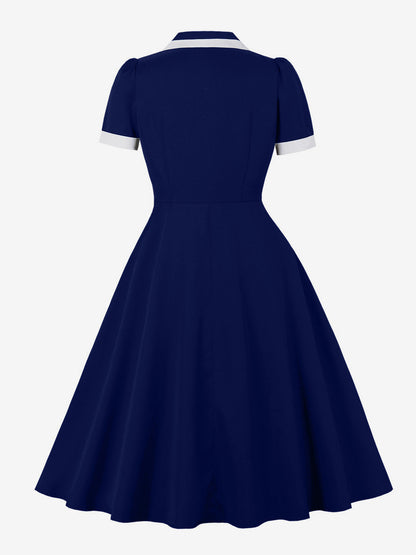 Contrast Trim Lapel Collar Double Pocket A Line Retro Tea Dress For Women 2026