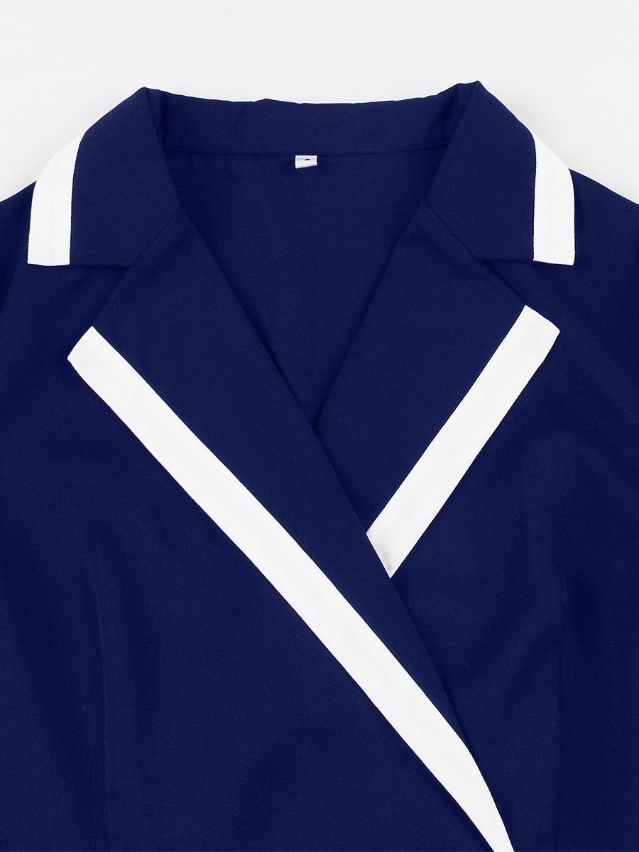 Contrast Trim Lapel Collar Double Pocket A Line Retro Tea Dress For Women 2026