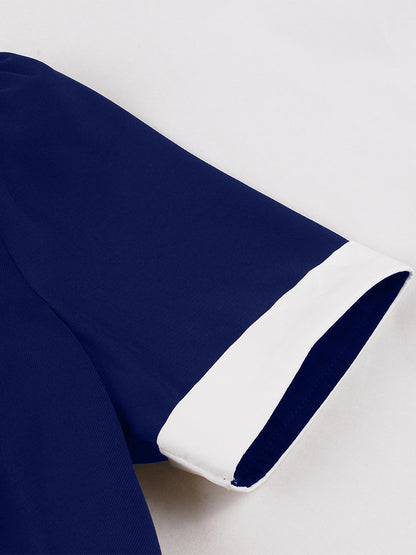 Contrast Trim Lapel Collar Double Pocket A Line Retro Tea Dress For Women 2026