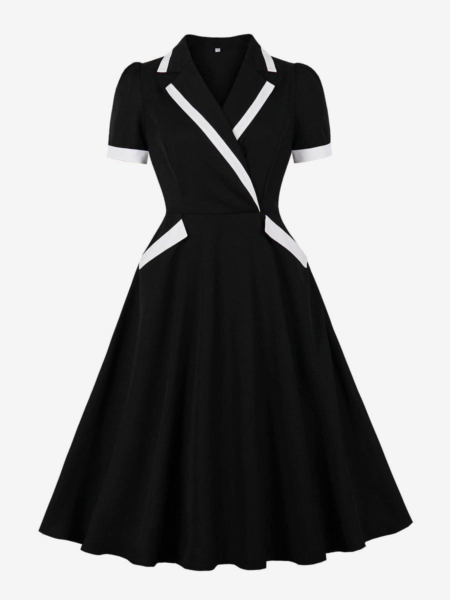 Contrast Trim Lapel Collar Double Pocket A Line Retro Tea Dress For Women 2026