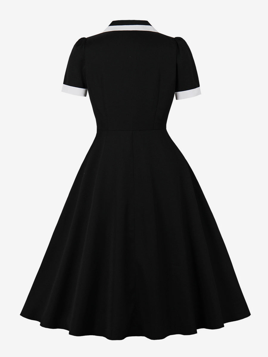 Contrast Trim Lapel Collar Double Pocket A Line Retro Tea Dress For Women 2026