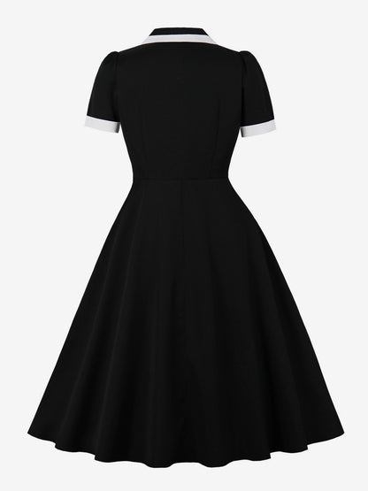 Contrast Trim Lapel Collar Double Pocket A Line Retro Tea Dress For Women 2026