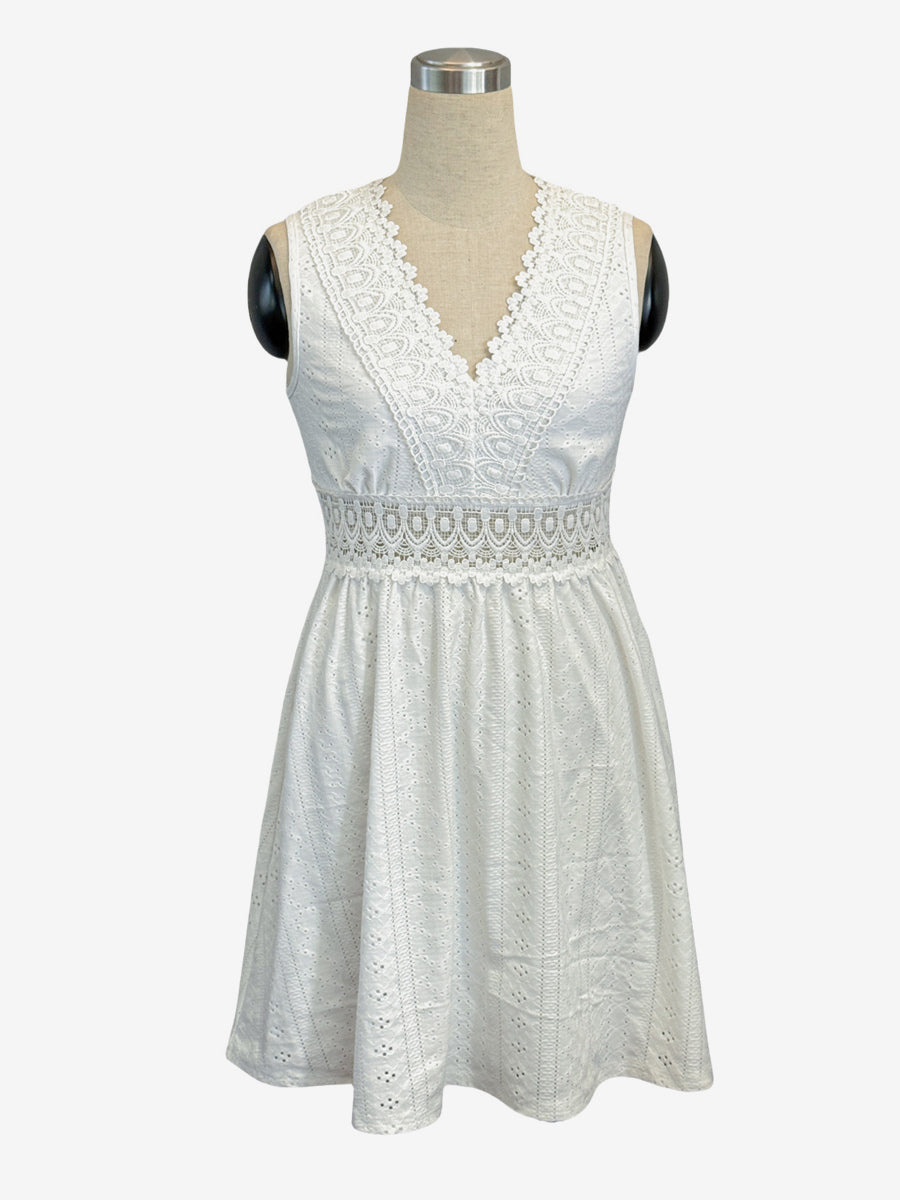Eyelet Lace Mini Dress for Women - White Boho V Neck Sleeveless Fit and Flare A-Line Sundress - Summer Beach Vacation 2026