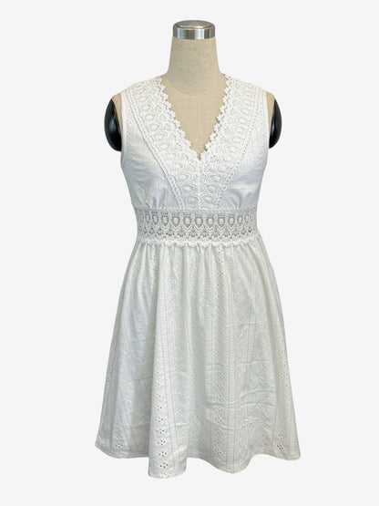 Eyelet Lace Mini Dress for Women - White Boho V Neck Sleeveless Fit and Flare A-Line Sundress - Summer Beach Vacation 2026