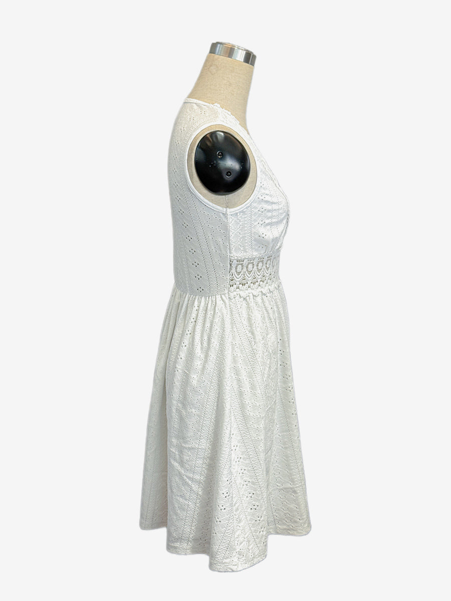 Eyelet Lace Mini Dress for Women - White Boho V Neck Sleeveless Fit and Flare A-Line Sundress - Summer Beach Vacation 2026