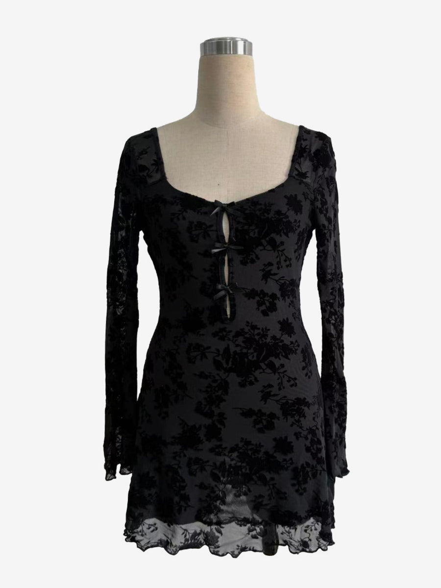 Flocked Floral Hollow Out Bow Flare Sleeve Mini Dress For Women 2026