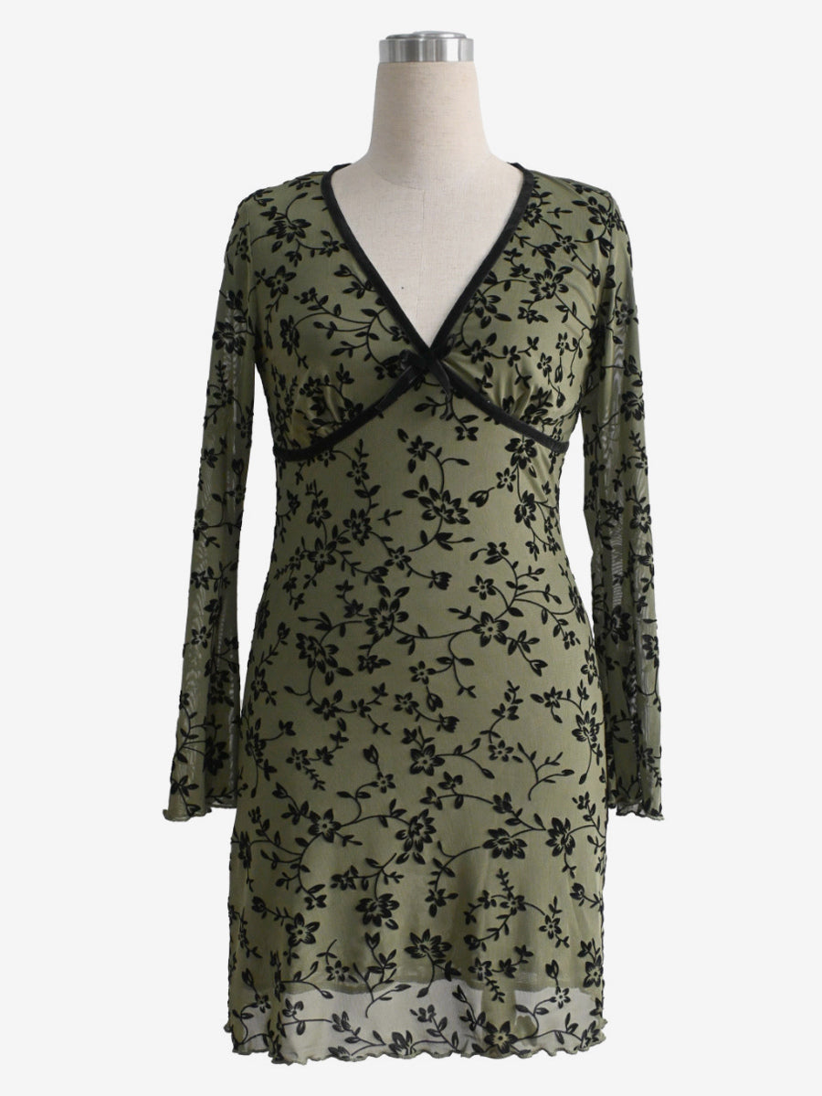 Vintage V Neck Flocked Floral Flare Sleeve Mini Dress For Women 2026