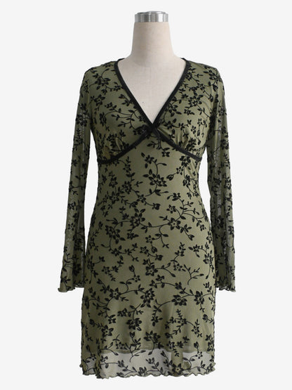 Vintage V Neck Flocked Floral Flare Sleeve Mini Dress For Women 2026