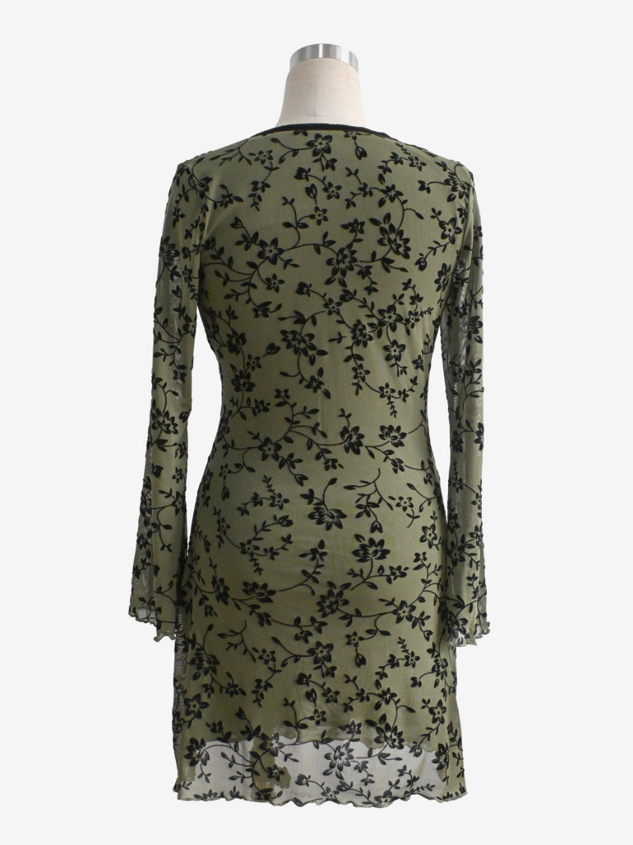Vintage V Neck Flocked Floral Flare Sleeve Mini Dress For Women 2026